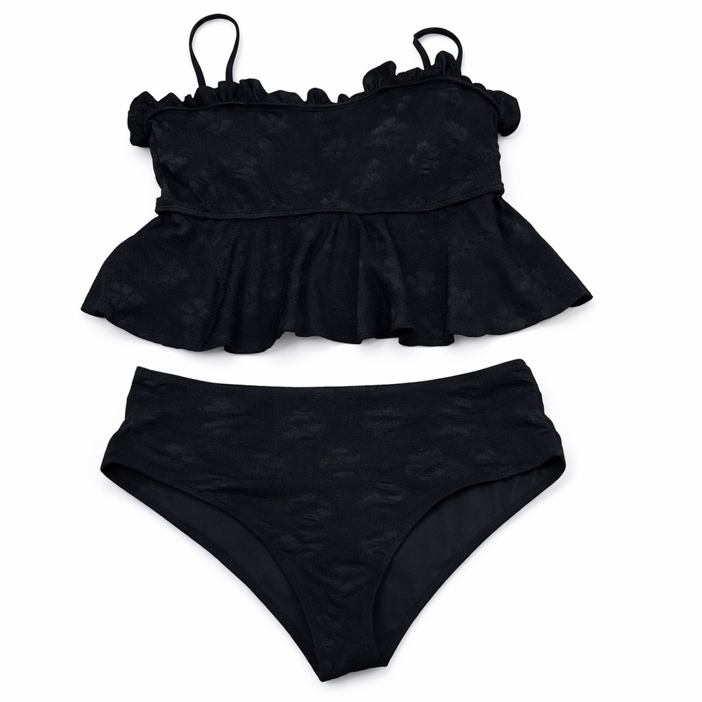 Plus size swimsuit 🩱 bathing suit two‎ piece Black Ruffled Bikini Set plus  3XL